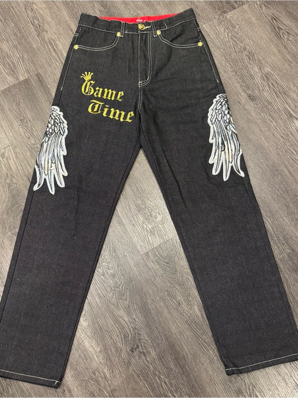 Y2K Vintage Game Time Black Jeans, Embroidered Wings and Details, 30W 30L